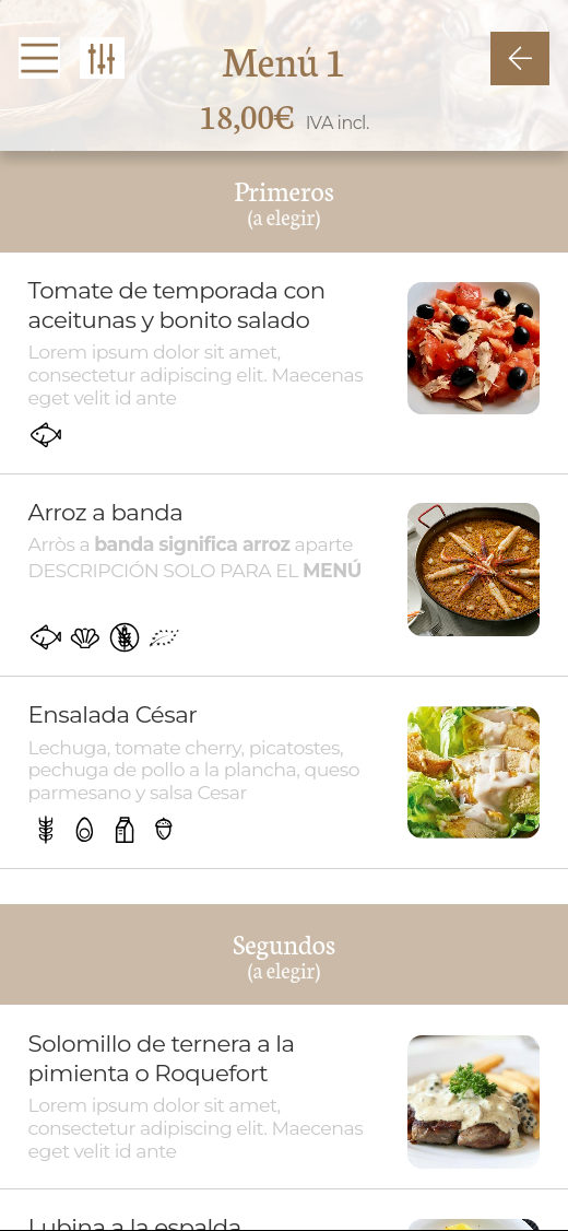 Carta digital de un restaurante: menú del día con sus platos