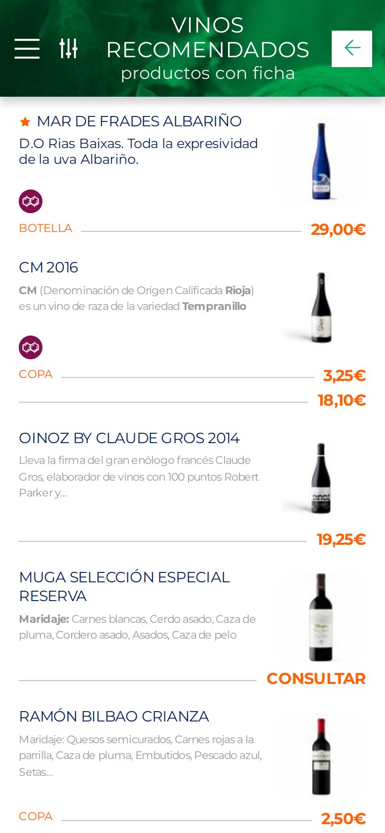 Carta de vinos en el movil: cada vino con su ficha, precio por copa y botella